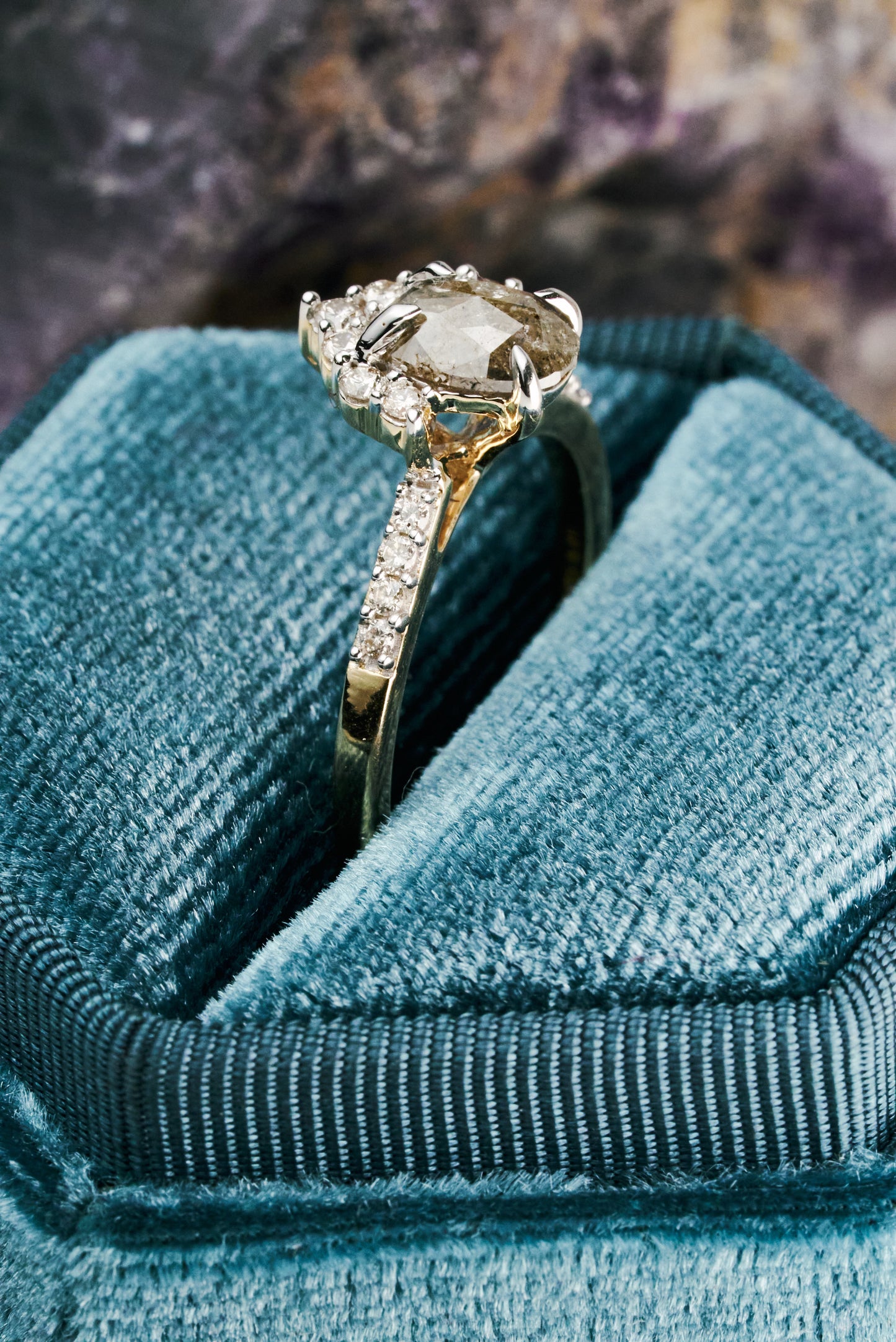 Half-Halo Salt and Pepper Oval Diamond Engagement Ring