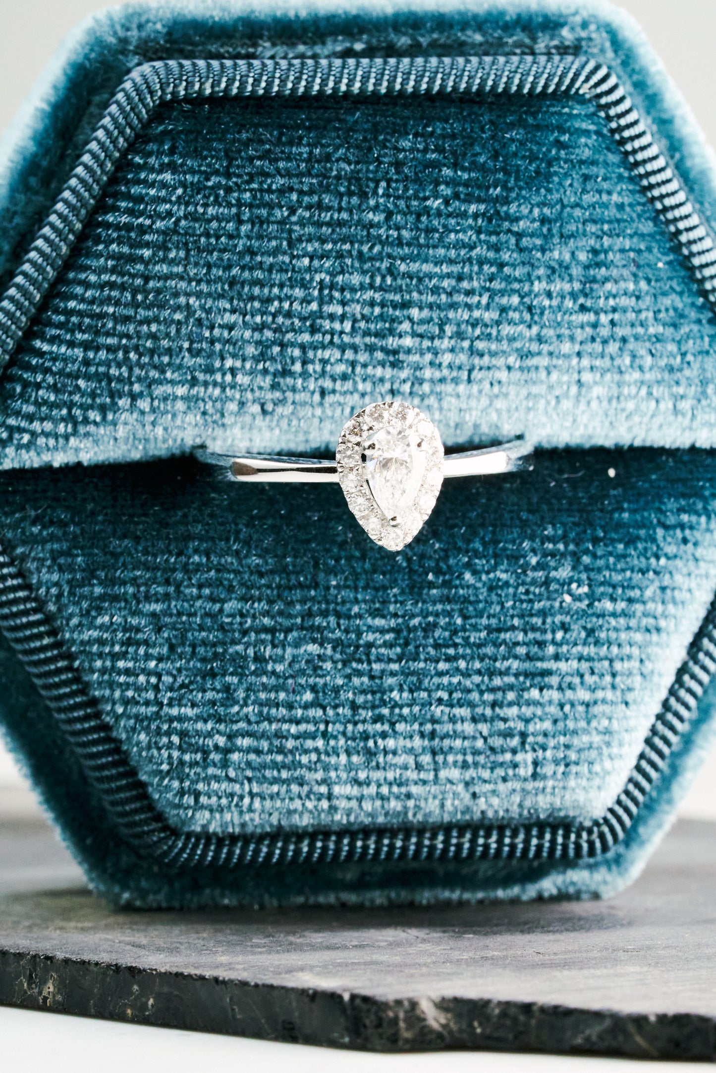 Verbena Halo Engagement Ring with Quarter-carat Pear-cut Diamond