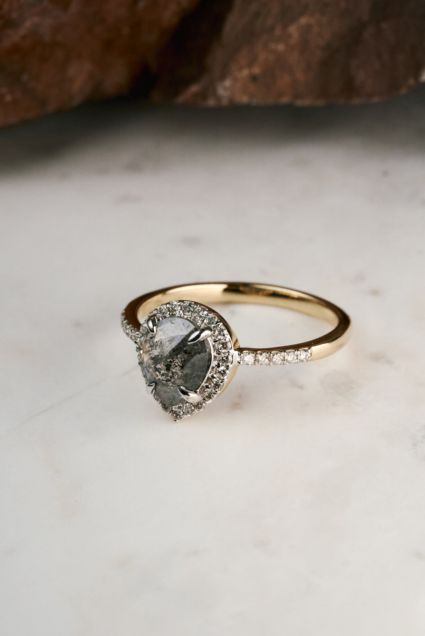 Salt & Pepper Pear-cut Diamond Halo and Accented Engagement Ring