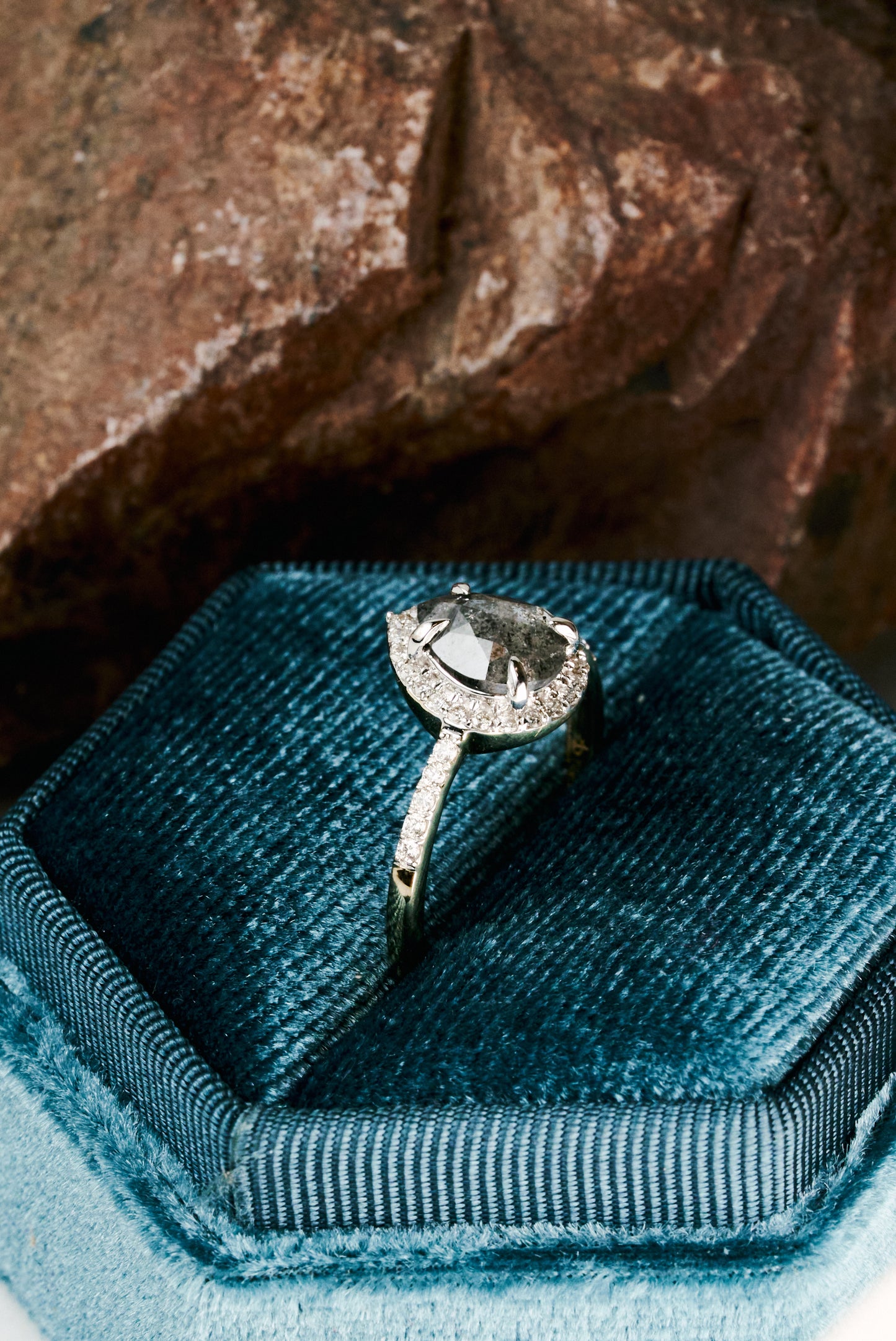 Salt & Pepper Pear-cut Diamond Halo and Accented Engagement Ring