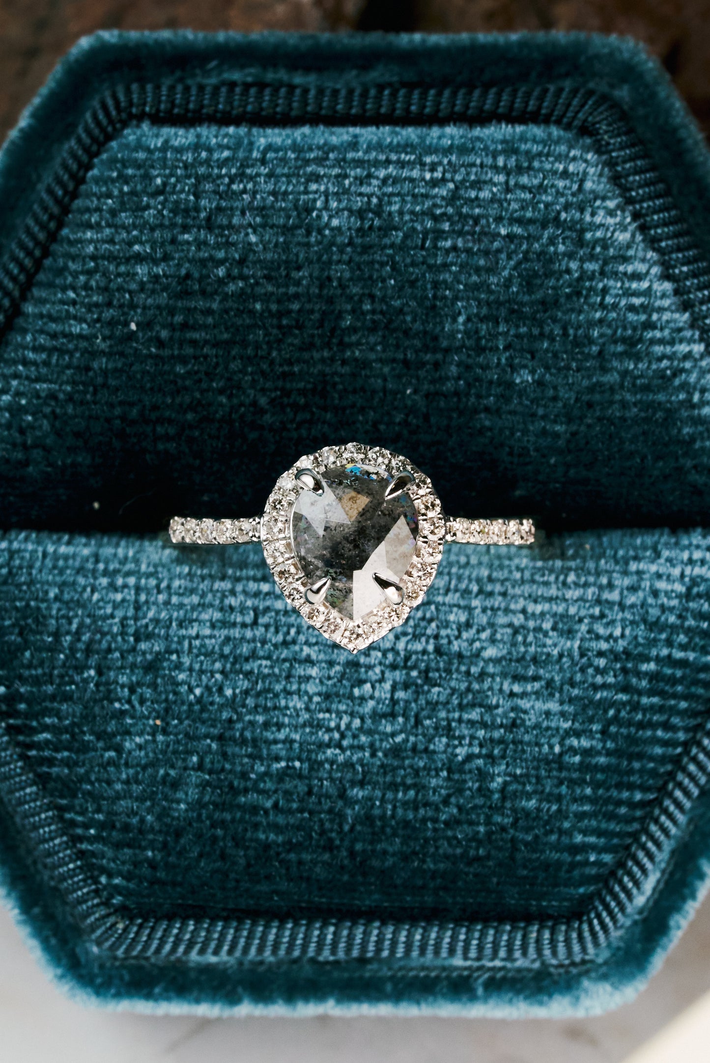 Salt & Pepper Pear-cut Diamond Halo and Accented Engagement Ring