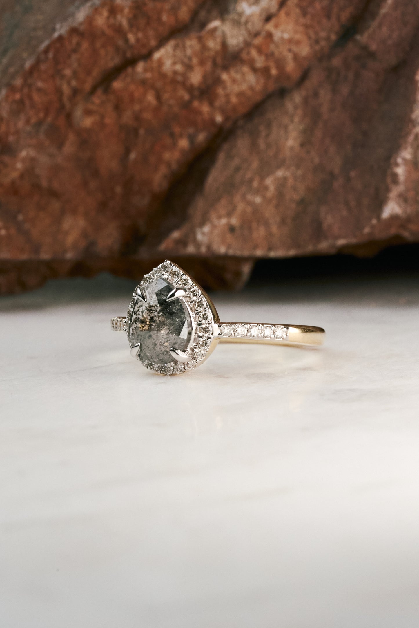 Salt & Pepper Pear-cut Diamond Halo and Accented Engagement Ring