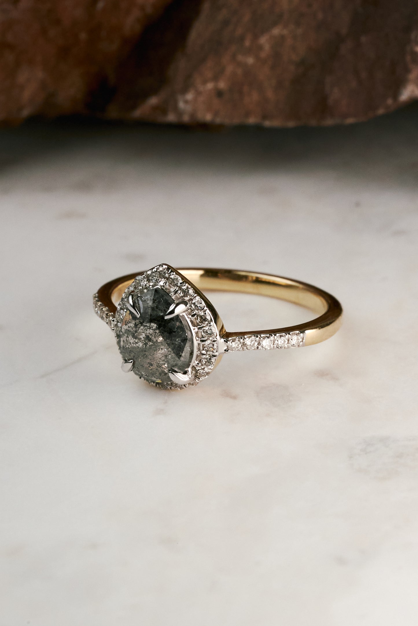 Salt & Pepper Pear-cut Diamond Halo and Accented Engagement Ring