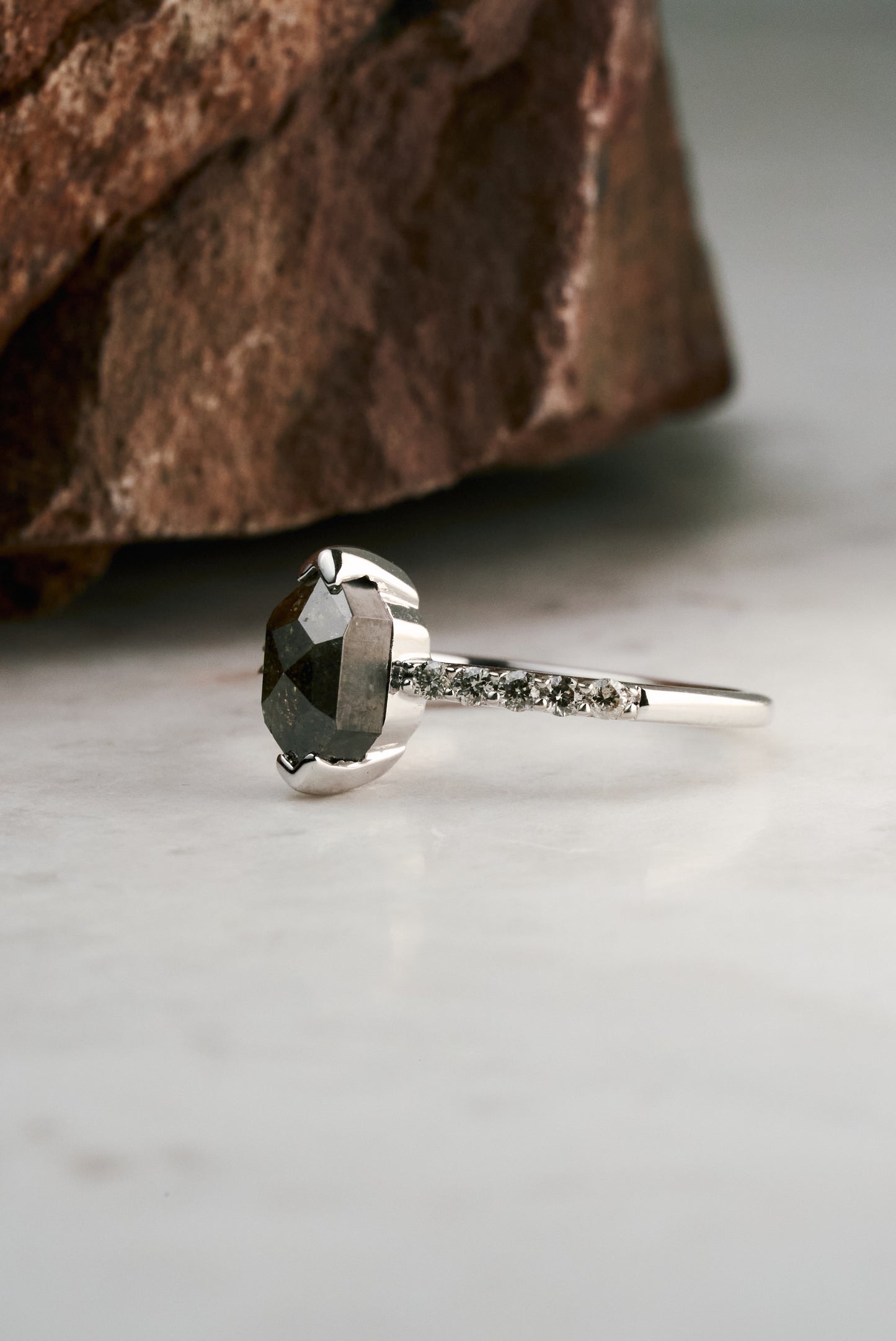 Elongated Hex Salt and Pepper Engagement Ring