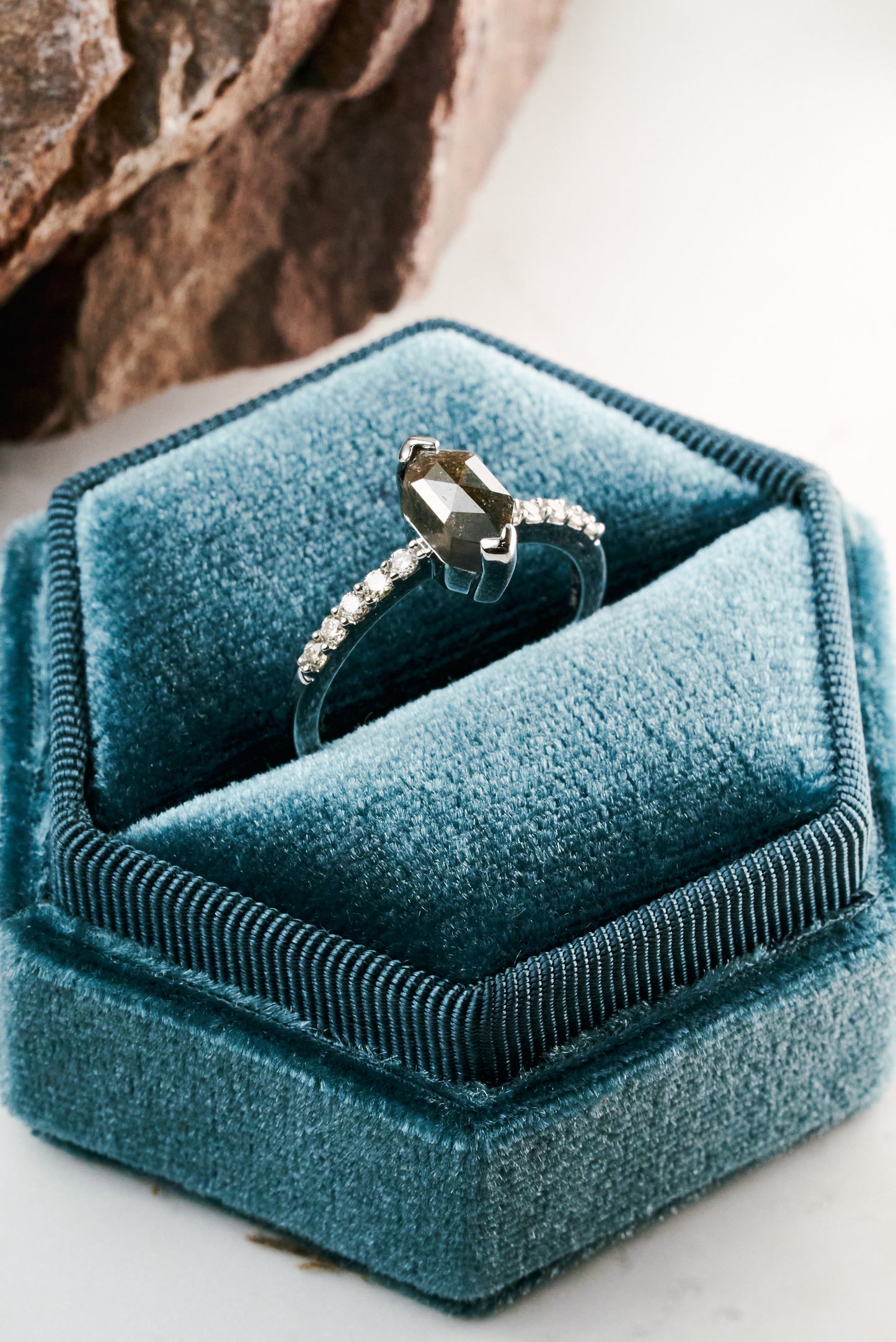 Elongated Hex Salt and Pepper Engagement Ring