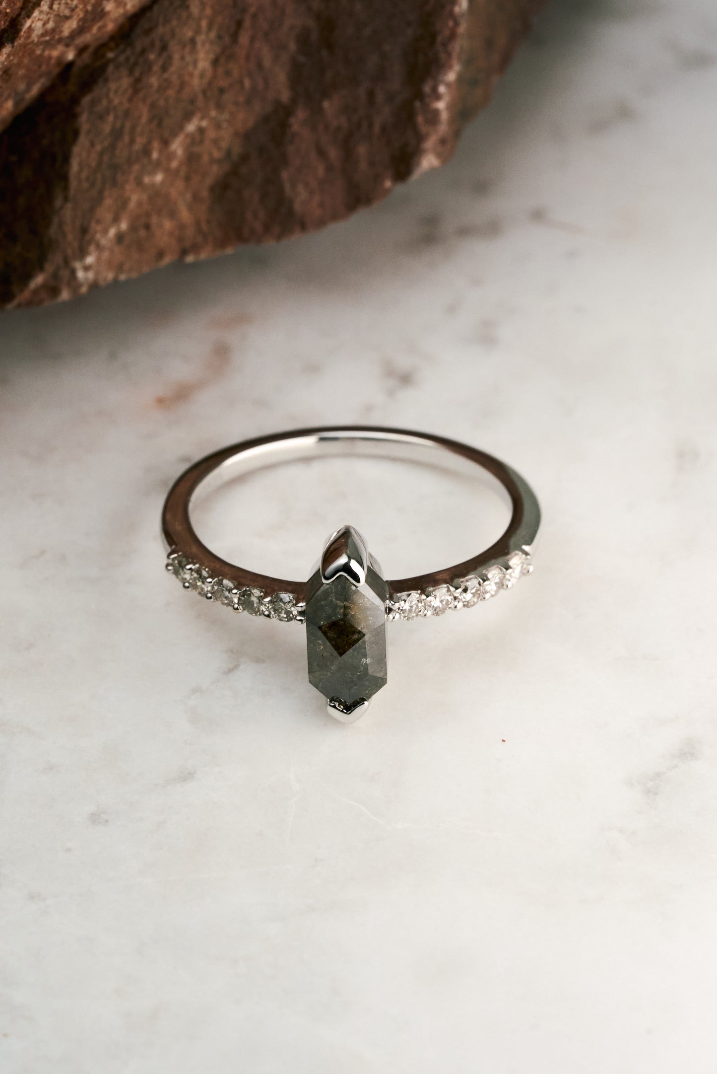Elongated Hex Salt and Pepper Engagement Ring