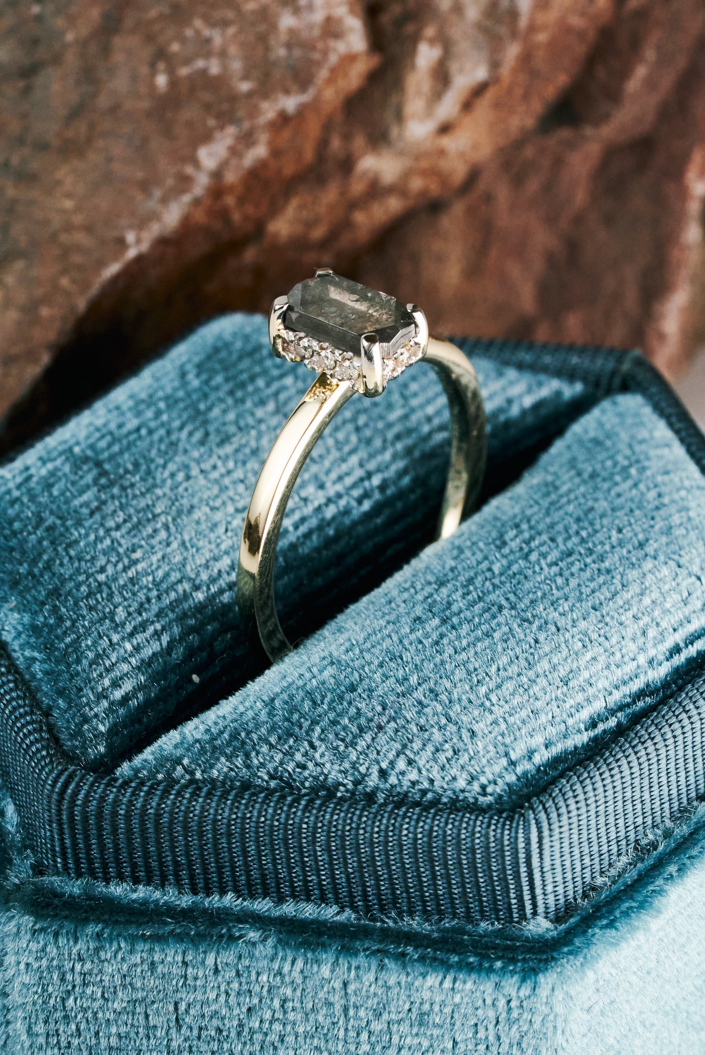 Salt & Pepper Radiant-cut Diamond with Hidden Halo