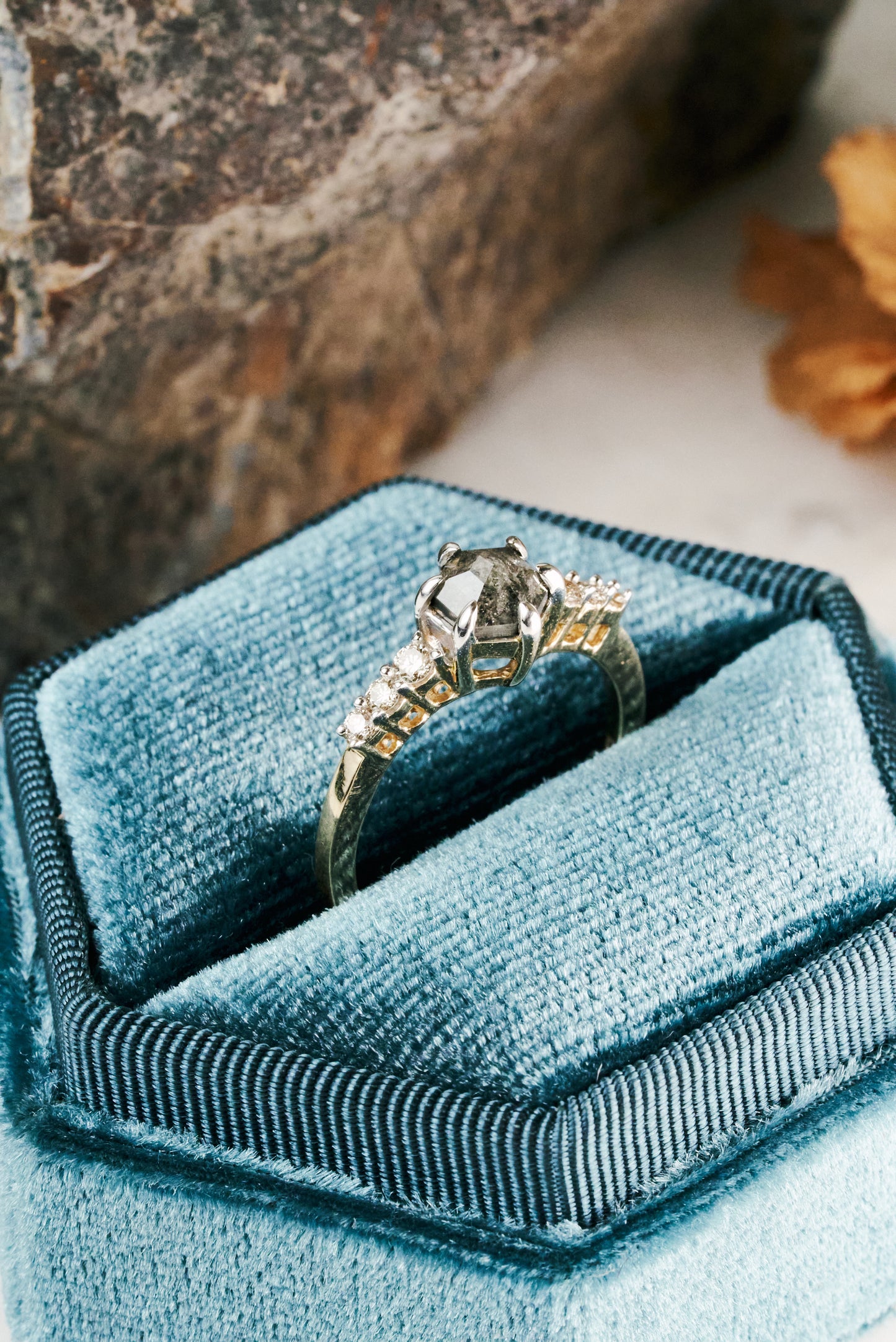 Salt & Pepper Engagement Ring with 0.7ct Hex-Cut Diamond