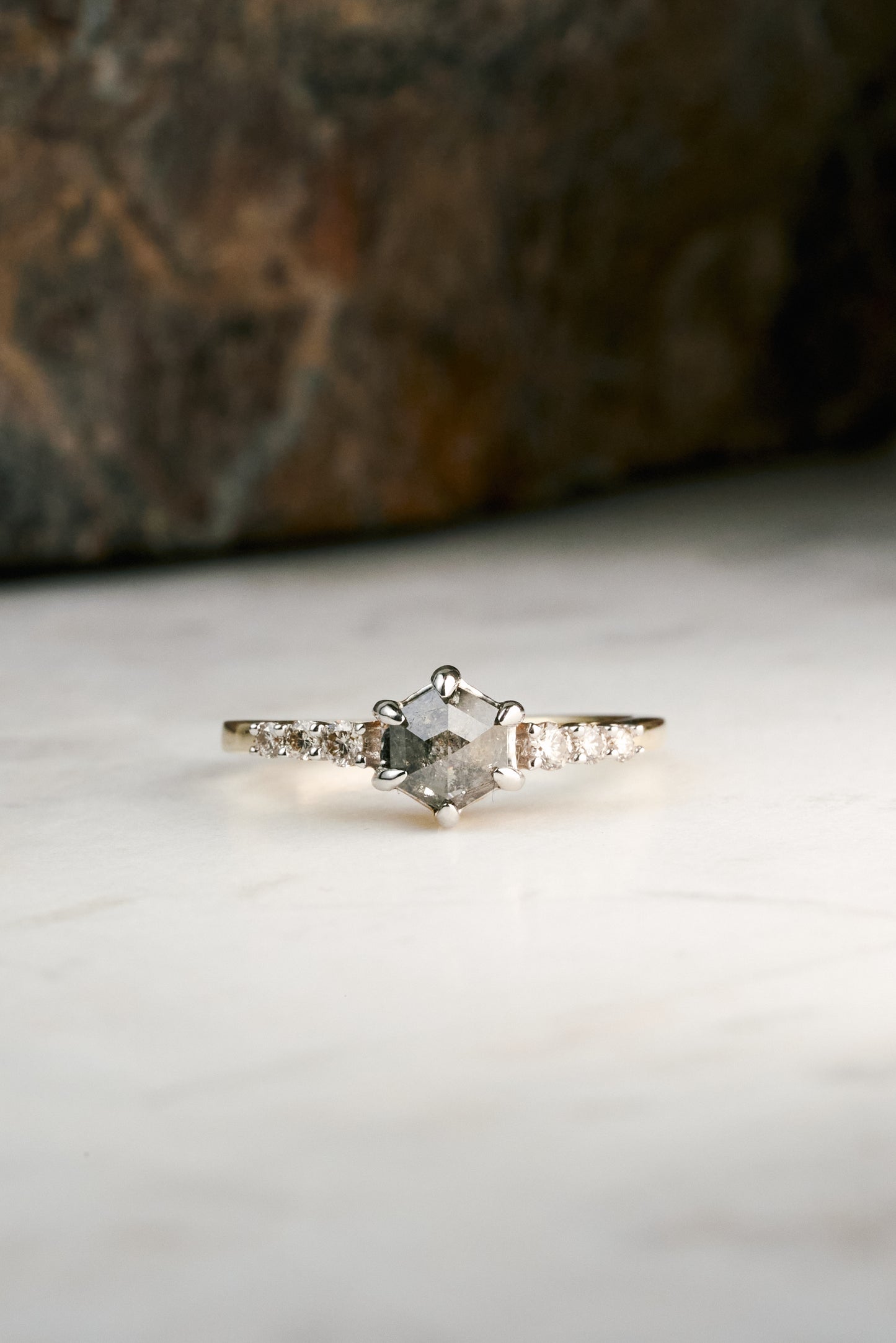 Salt & Pepper Engagement Ring with 0.7ct Hex-Cut Diamond