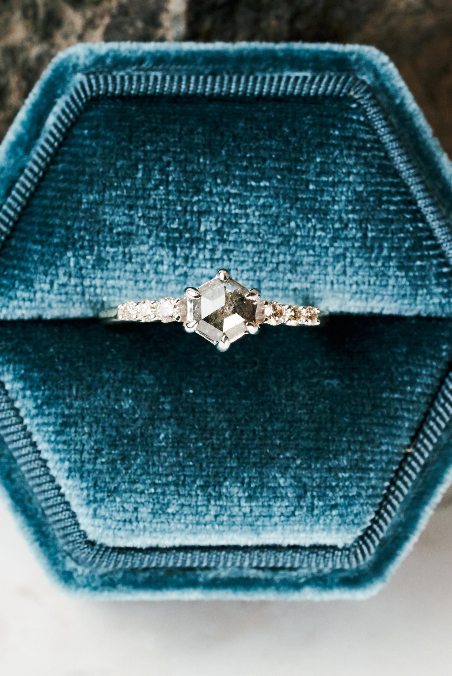 Salt & Pepper Engagement Ring with 0.7ct Hex-Cut Diamond