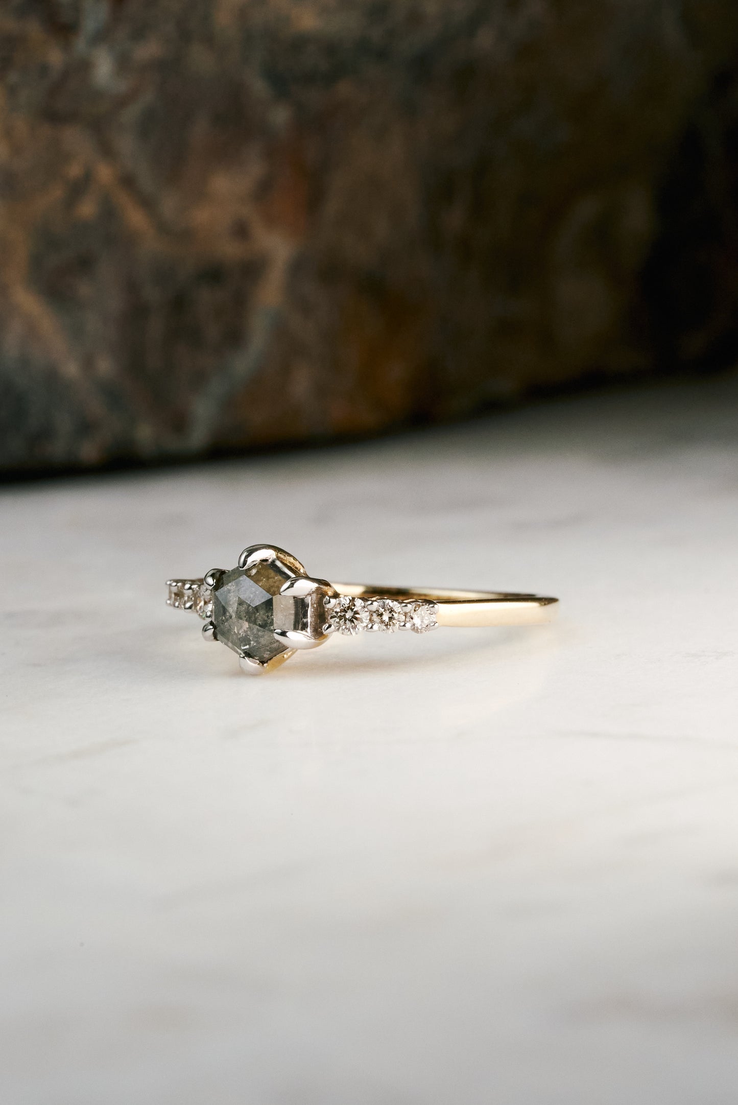 Salt & Pepper Engagement Ring with 0.7ct Hex-Cut Diamond