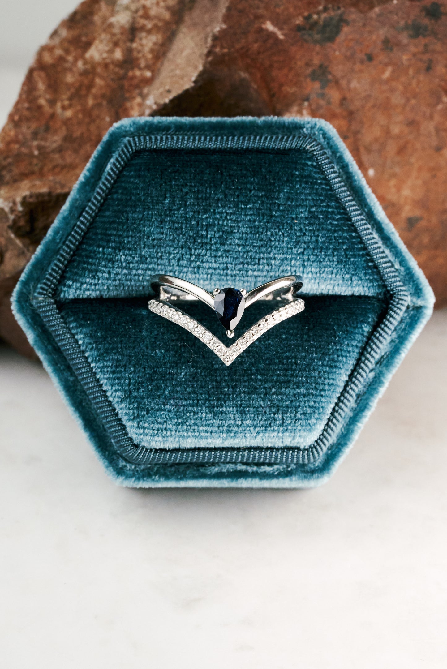 Accented Pear-cut Sapphire and Diamond Chevron Ring