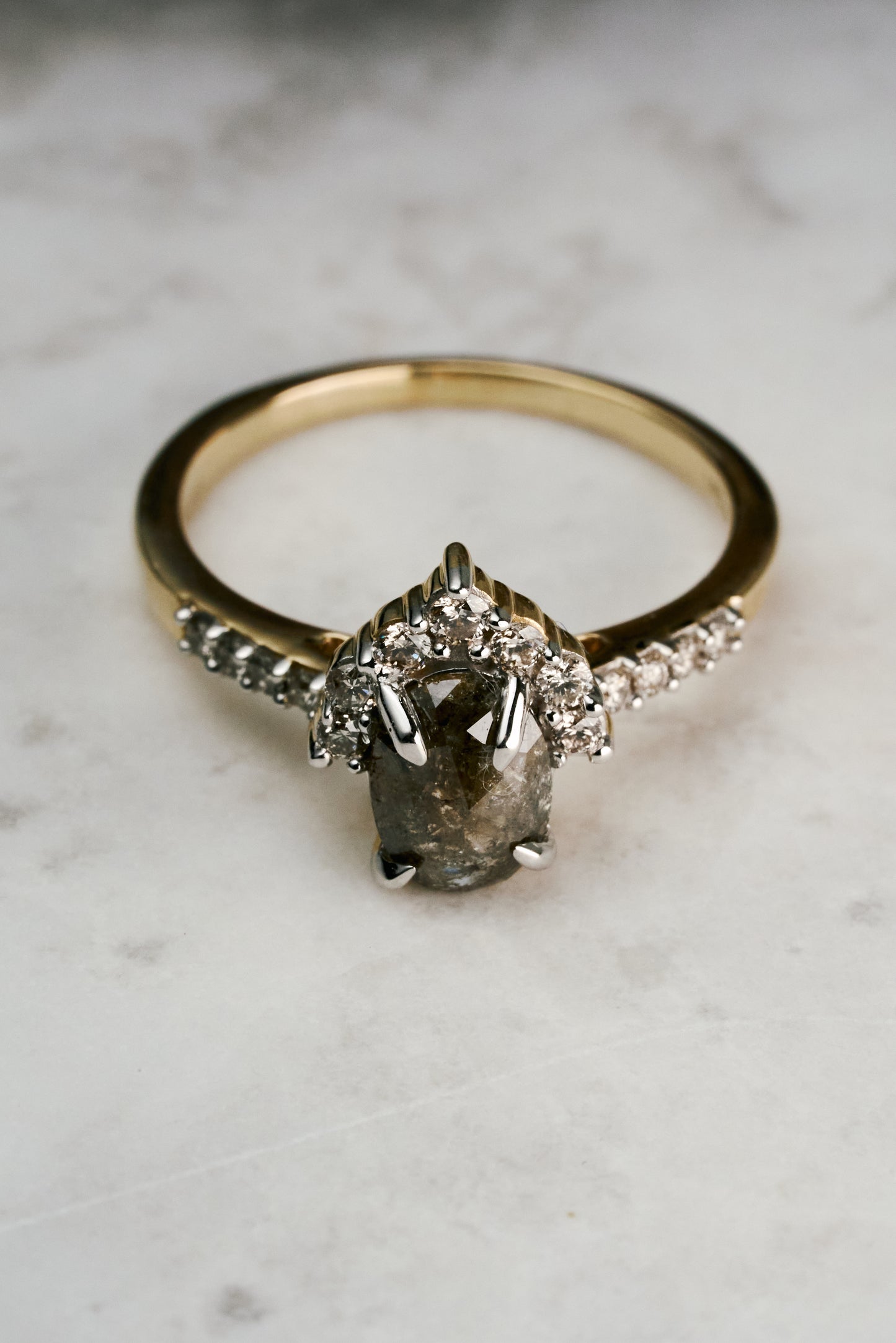 Half-Halo Salt and Pepper Oval Diamond Engagement Ring