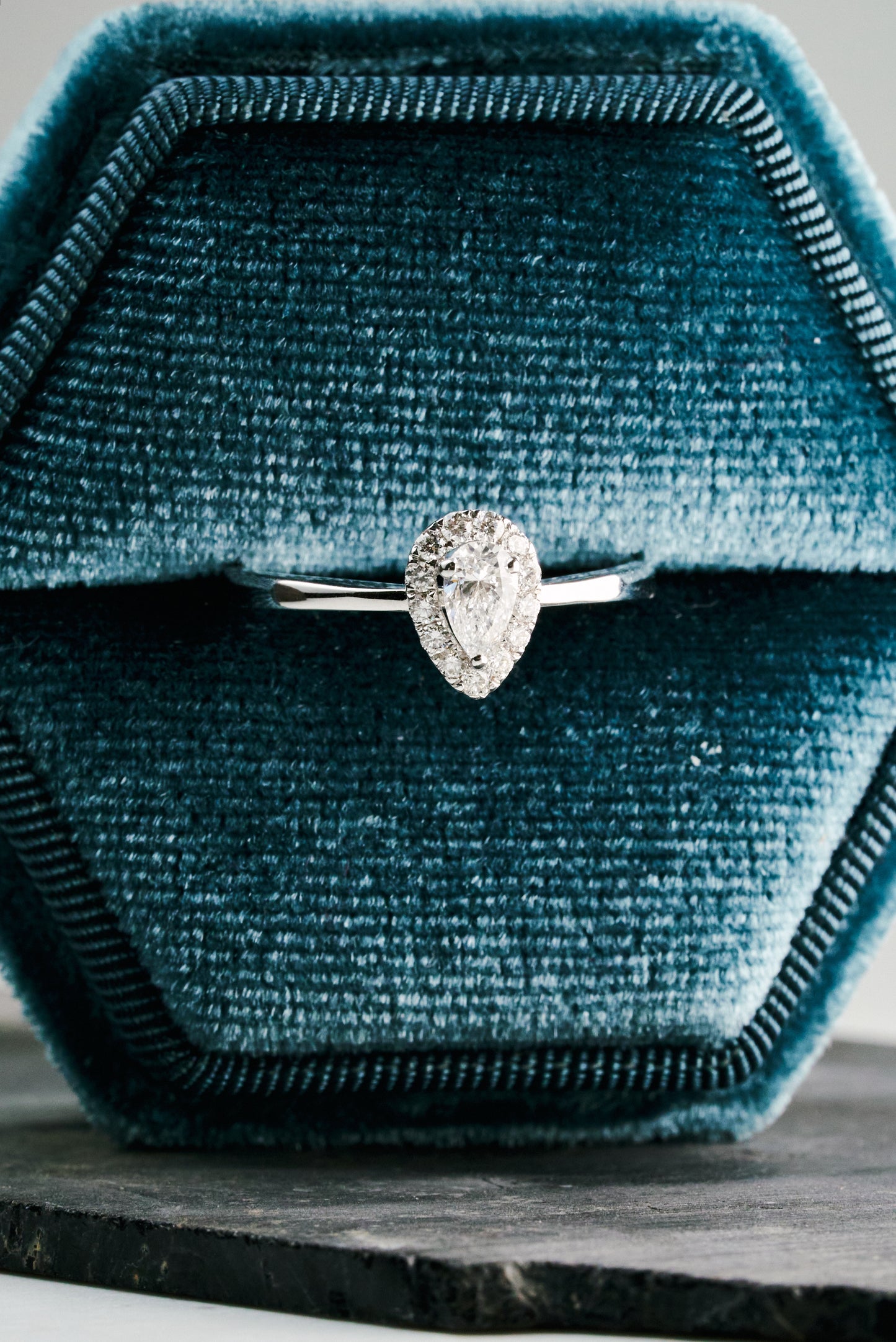 Verbena Halo Engagement Ring with Quarter-carat Pear-cut Diamond