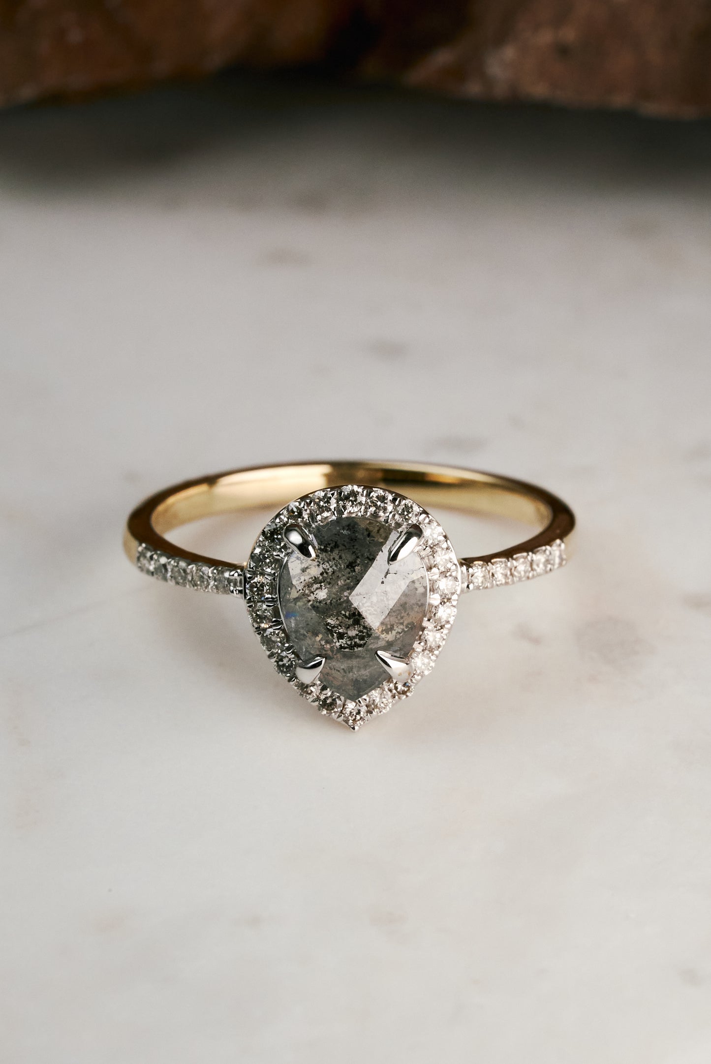 Salt & Pepper Pear-cut Diamond Halo and Accented Engagement Ring