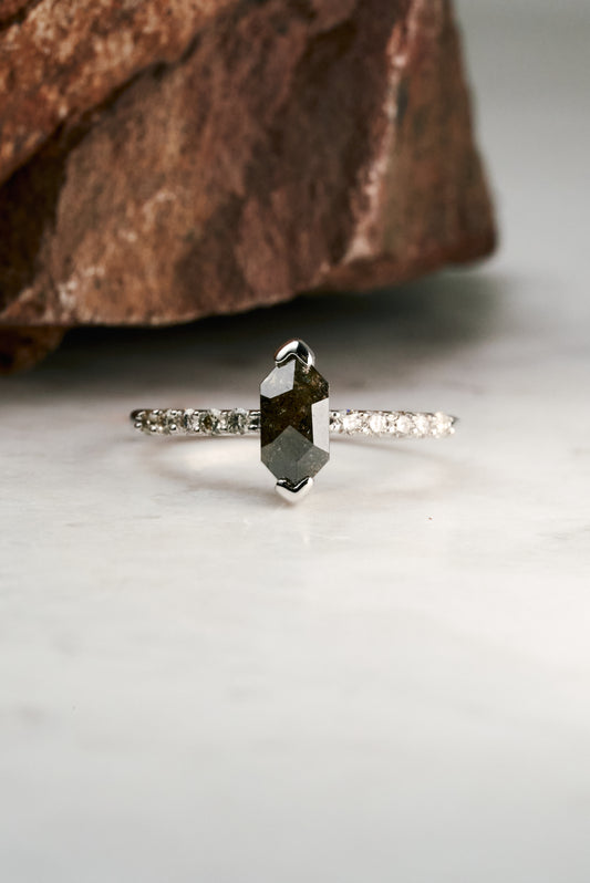 Elongated Hex Salt and Pepper Engagement Ring