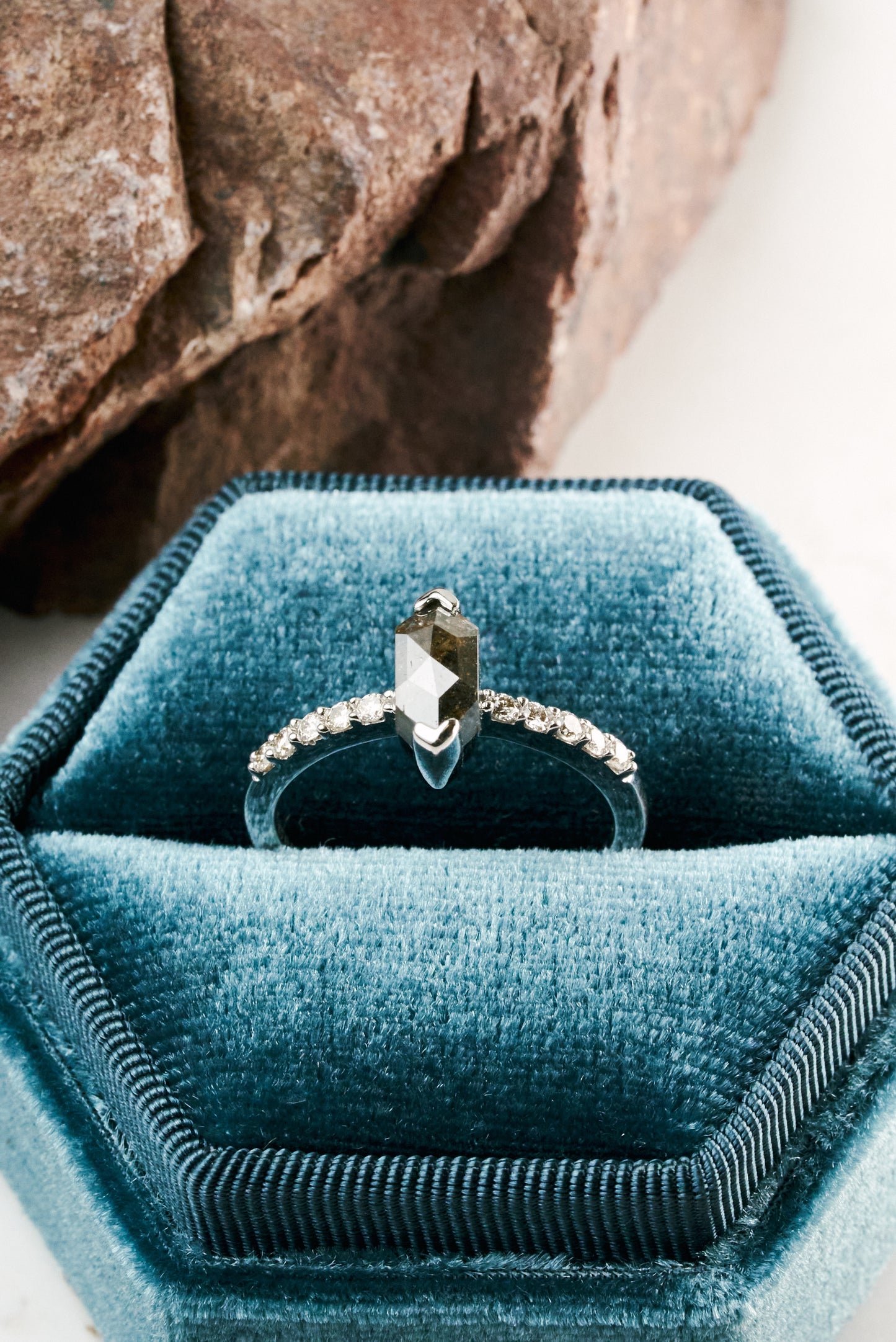 Elongated Hex Salt and Pepper Engagement Ring
