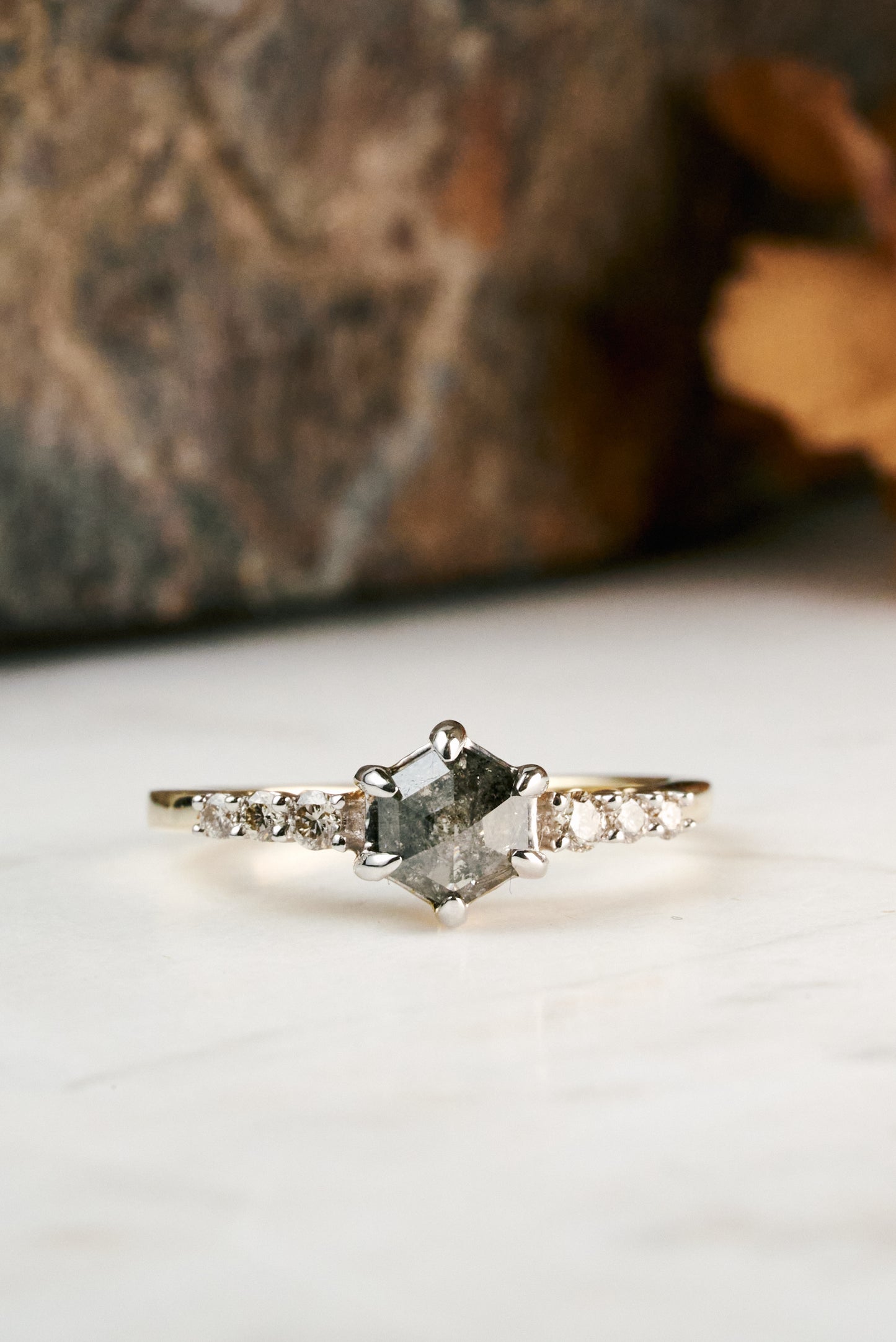 Salt & Pepper Engagement Ring with 0.7ct Hex-Cut Diamond